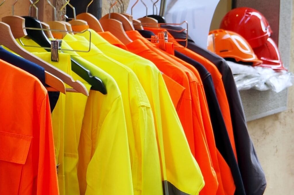 High visibility jackets on a hanger with protective helmets behind, in a work clothes store .